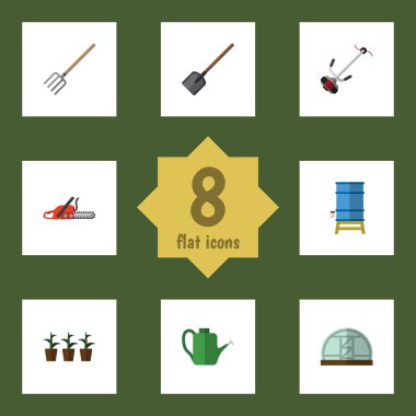 Düz Bahçe Bauer, konteyner, saksı ve diğer vektör nesneleri kümesi. Aynı zamanda su, sera, biçme makinesi öğeleri içerir.