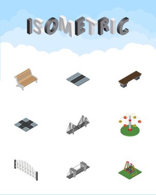 İzometrik City Swing cazibe, yol, koltuk ve diğer vektör nesneleri kümesi. Tahterevalli, tezgah, Park öğeleri de içerir.