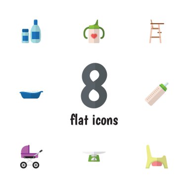 Düz çocuk Besleyici, tuvalet, küvet ve diğer vektör nesneleri kümesi. Ayrıca çocuk arabası, lazımlık, küvet öğeleri içerir.