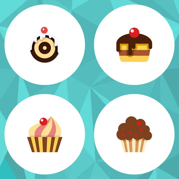 Flat Cake Set Of Muffin, Dessert, Sweetmeat And Other Vector Objects. Also Includes Pastry, Cake, Cupcake Elements. — Stock Vector