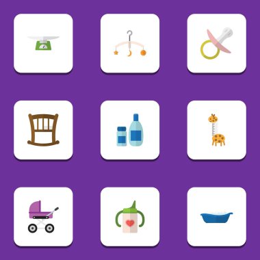 Düz alt hareket eden, bebek arabası, krem losyon ve diğer vektör nesneleri ile ayarlayın. Aynı zamanda meme, emzikler, emzik öğeleri içerir.