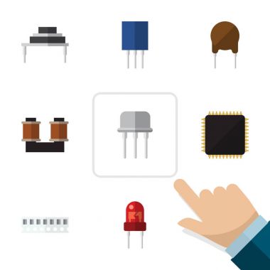 Düz aygıt bobin bakır, bellek, priz ve diğer vektör nesneleri kümesi. Ayrıca elektronik, Cpu, transistör öğeleri içerir.