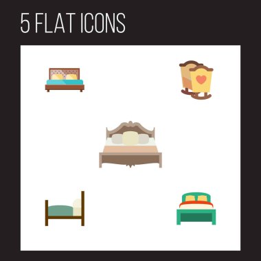 Düz yatak yatak, yatak odası, Hostel ve diğer vektör nesneleri kümesi. Ayrıca yatak, yatak, beşik unsurları içerir.