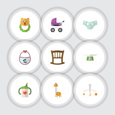 Düz çocuk oyuncak, Bebek karyolası, önlük ve diğer vektör nesneleri kümesi. Ayrıca içerir memnun etmektedir, mobil, şişe öğeleri.