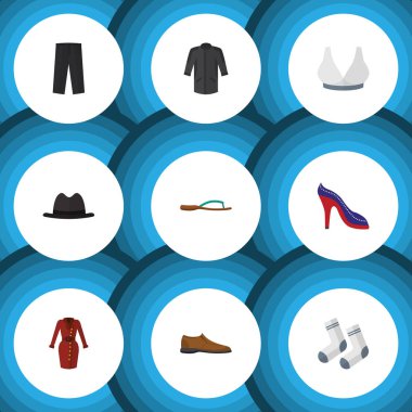 Düz elbise pantolon, plaj sandalet, Brasserie vektör nesneleri kümesi. Ayrıca pantolon, Panama, Ayakkabı detayları içerir.