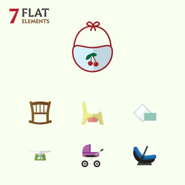 Çocuk ölçekler, Bebek karyolası, tuvalet ve diğer vektör nesnelerini düz bebeğim kümesi. Ayrıca önlük, beşik, alt öğeler içerir.