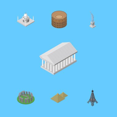 İzometrik mimari Mısır, Coliseum, İngiltere'de vektör nesnelerini ayarlayın. Ayrıca piramitleri, Atina, tarihi öğelerini içerir.