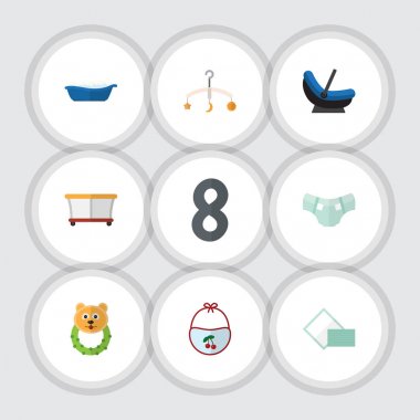 Düz bebek çıngırak, Bahçesi, önlük ve diğer vektör nesneleri kümesi. Ayrıca Rattle, banyo, çocuk arabası öğeleri içerir.