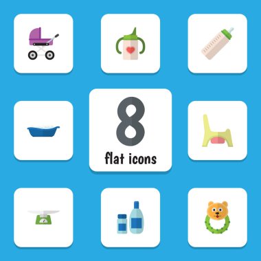 Hemşirelik şişe, bebek arabası, küvet ve diğer vektör nesnelerini düz alt kümesi. Ayrıca Rattle, banyo, Bebek öğeleri içerir.