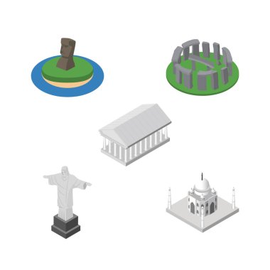 İzometrik cazibe Hindistan Camii, Atina, Rio ve diğer vektör nesneleri kümesi. Ayrıca Akropolis, anıt, kurtarıcı öğeleri içerir.