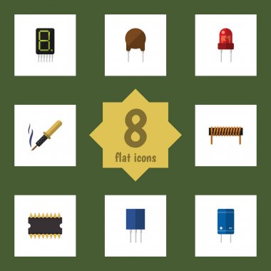 Düz cihaz ekran, alıcı, verici ve diğer vektör nesneleri kümesi. Ayrıca bakır, priz, hesap makinesi öğeleri içerir.