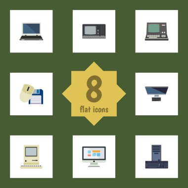 Düz bilgisayar dizüstü, bilgisayar, ekran ve diğer vektör nesneleri kümesi. Ayrıca fare, Laptop, Retro öğeler içerir.