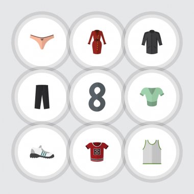 Düz hazır giyim iç çamaşırı, üniforma, spor ayakkabıları ve diğer vektör nesneleri kümesi. Ayrıca Giysi, tozluk, gömlek öğeleri içerir.