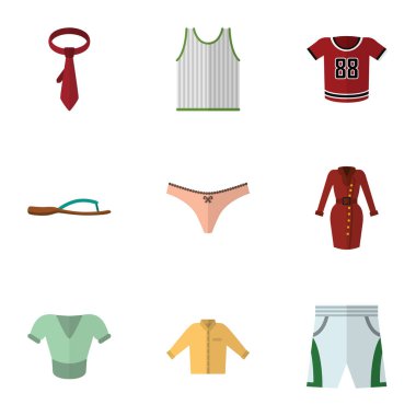 Düz giysi Beach Sandal, Banyan, mayo kumaş vektör nesneleri kümesi. Ayrıca elbise, giyim, gömlek öğeleri içerir.