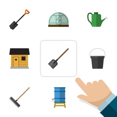 Sera, konteyner, kova ve diğer vektör nesnelerini düz kümesi. Ayrıca çiftlik evi, sera, Spade unsurları içerir.