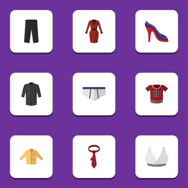 Düz elbise topuklu ayakkabı, T-Shirt, üniforma ve diğer vektör nesneleri kümesi. Ayrıca çamaşır grupları, içerir elbise, insan öğeleri.
