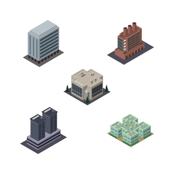 Conjunto de edificios isométricos de clínica, empresa, oficina y otros objetos vectoriales. También incluye Compañía, Torre, Elementos de Rascacielos . — Vector de stock