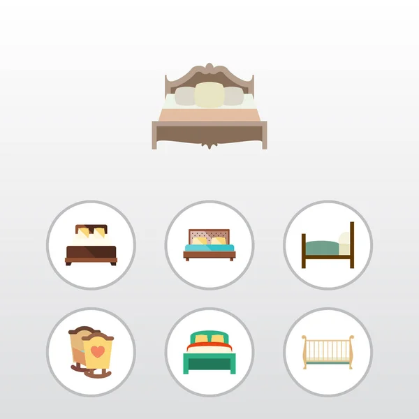 Flat Bed Set Of Bed, Cot, Hostel And Other Vector Objects. Also Includes Bed, Bedroom, Bearings Elements.
