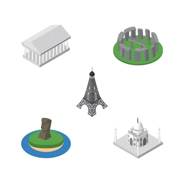 Isometric Architecture Set Of Paris, Chile, Athens And Other Vector Objects. Also Includes Paris, Acropolis, Stonehenge Elements. — Stock Vector