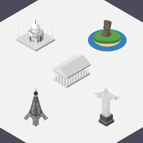 Isométrico conjunto de viajes de Atenas, la mezquita de la India, Río y otros objetos vectoriales. También incluye Torre, Acrópolis, Elementos Monumentos . — Vector de stock