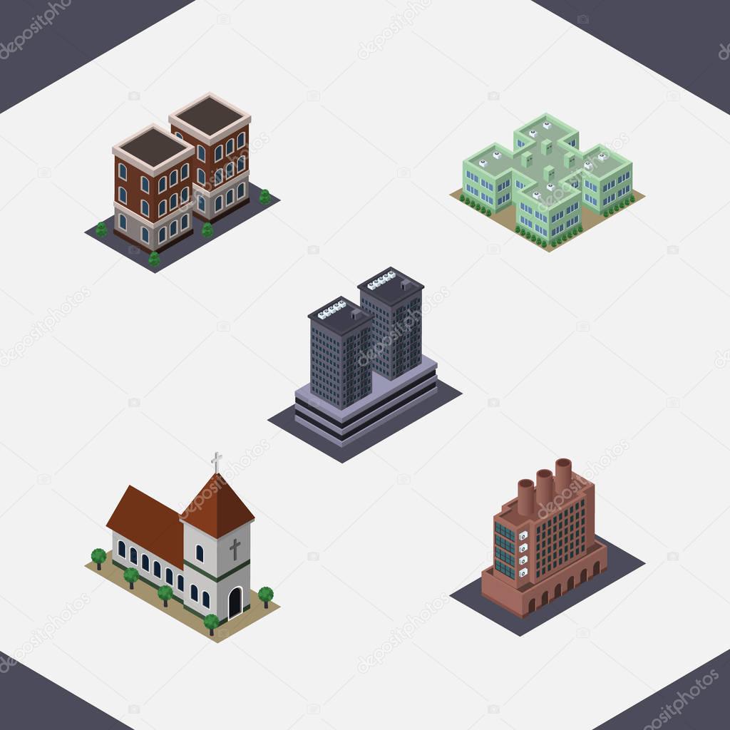 Isometric Building Set Of Clinic, House, Tower And Other Vector Objects. Also Includes Building, Catholic, Chapel Elements.