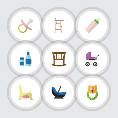 Düz çocuk Besleyici, meme, tuvalet ve diğer vektör nesneleri kümesi. Ayrıca bebek, Bebek, çocuk arabası öğeleri içerir.