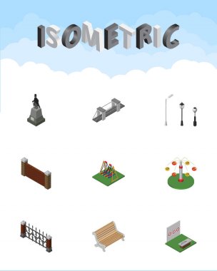 Swing cazibe, koltuk, Tahterevalli ve diğer vektör nesneleri izometrik kentsel kümesi. Ayrıca tezgah, anıt, koltuk unsurları içerir.