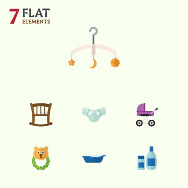 Düz çocuk krem losyon, Bebek bezi, bebek arabası ve diğer vektör nesneleri kümesi. Ayrıca küvet, Bebek, çocuk öğeleri içerir.