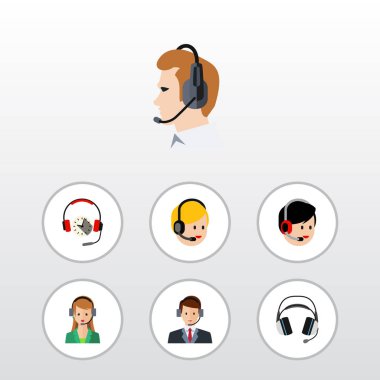 Düz Telemarketing kulaklık, Çağrı Merkezi, kulaklık ve diğer vektör nesnelerini ayarlayın. Ayrıca Online, arama, servis elemanları içerir.