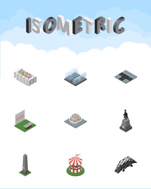 Bitkiler, ekspres, çiçek dekorasyon ve diğer vektör nesnelerini izometrik sokak kümesi. Ayrıca öğeleri hedefleyen Carousel, anıt, içerir.