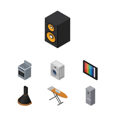 İzometrik teknoloji Çamaşırhane, bez demir, hava Extractor ve diğer vektör nesneleri kümesi. Ayrıca kutusu, müzik, Hood unsurları içerir.