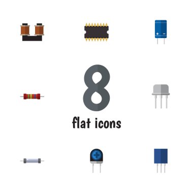 Düz elektronik transistör, mikroişlemci, bobin bakır ve diğer vektör nesneleri kümesi. Ayrıca dönüştürücü, bakır, direnç öğeleri içerir.