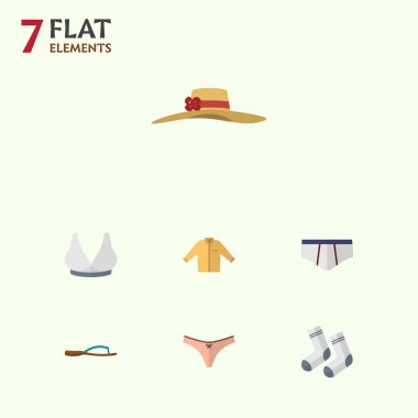 Düz elbise Banyan, ayak Tekstil, şık şapkalar ve diğer vektör nesneleri kümesi. Ayrıca Bra, spor, çamaşır grupları öğelerini içerir.