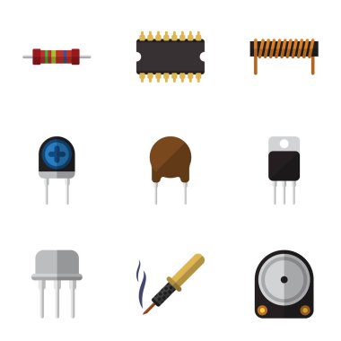 Düz elektronik bobin, alıcı, triyot ve diğer vektör nesneleri kümesi. Ayrıca Resist, bobin, alıcı öğeleri içerir.