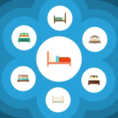 Düz yatak yatak odası, mobilya, yatakları ve diğer vektör nesneleri kümesi. Ayrıca yatak, yatak, yatak odası unsurları içerir.