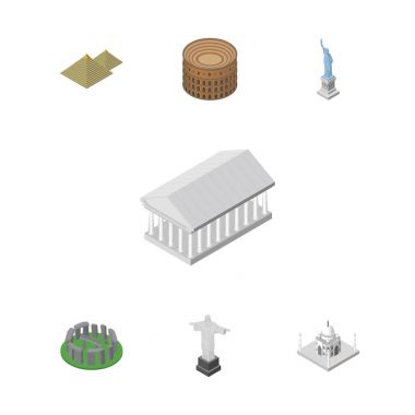 İzometrik Seyahat Hindistan Camii, Coliseum, Mısır ve diğer vektör nesneleri kümesi. Ayrıca Mahal, içerir İngiltere, Mısır öğeleri.