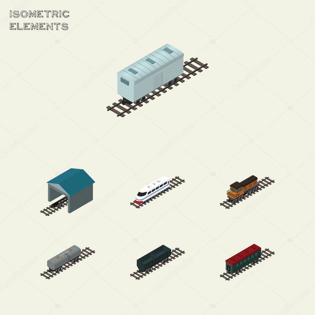 Isometric Train Set Of Carbon Railway Container, Railroad Carriage, Subway Vehicle And Other Vector Objects. Also Includes Railway, Underground, Stop Elements.