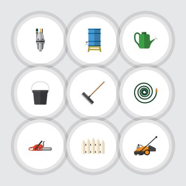 Düz kulübemde konteyner, Hosepipe, pompa ve diğer vektör nesneleri kümesi. Pompa, Hosepipe, demir testeresi öğeleri de içerir.