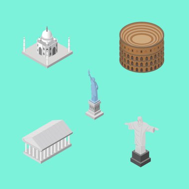 İzometrik Seyahat Coliseum, Atina, New York ve diğer vektör nesneleri kümesi. Ayrıca heykel, Taj, Amerika öğeleri içerir.