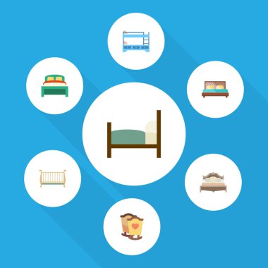 Düz yatak odası yatak, Hostel, karyolası ve diğer vektör nesneleri kümesi. Beşik, yatak, ranza öğeleri de içerir.