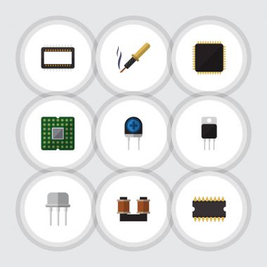 Düz teknoloji anabilgisayar, bobin bakır, mikroişlemci ve diğer vektör nesneleri kümesi. Transistör, Fiildistor, demir öğeleri de içerir.