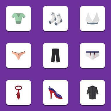 Düz elbise topuklu ayakkabı, Brasserie, çamaşır grupları ve diğer vektör nesneleri kümesi. Ayrıca kravat, spor, gömlek öğeleri içerir.