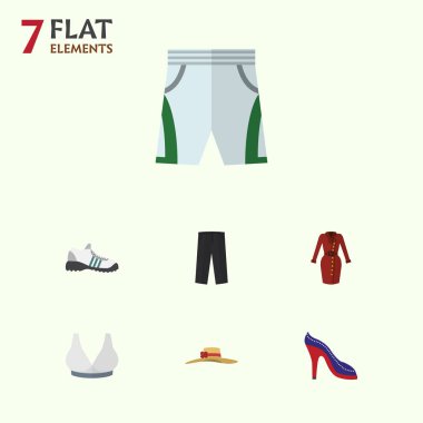 Düz giysi topuklu ayakkabı, spor ayakkabı, pantolon ve diğer vektör nesneleri kümesi. Ayrıca ayakkabı, şapka, topuklu öğeleri içerir.