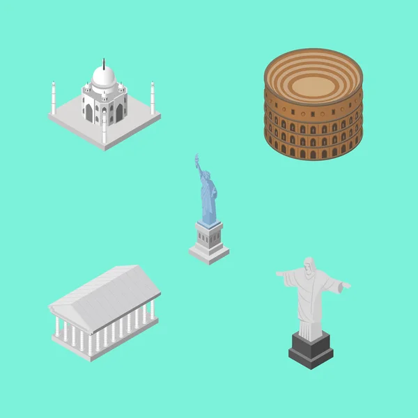Isométrico conjunto de viajes de Coliseo, Atenas, Nueva York y otros objetos vectoriales. También incluye Estatua, Taj, América Elementos . — Vector de stock