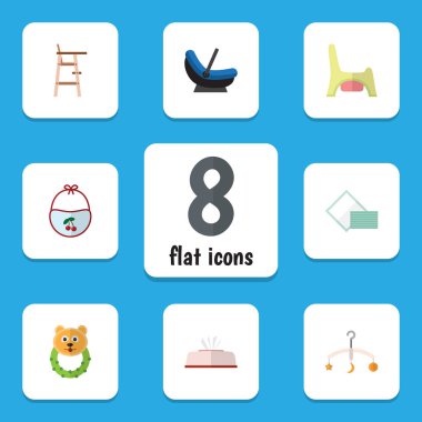 Çocuk arabası, doku, önlük ve diğer vektör nesnelerini düz bebek kümesi. Önlük, havlu, ayı öğeleri de içerir.