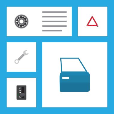 Düz atölye otomobil bölümü, uyarı, otomatik şanzıman ve diğer vektör nesneleri kümesi. Ayrıca Disk, kapı, anahtar öğeleri içerir.