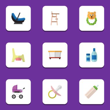 Düz alt Bahçesi, çocuk arabası, krem losyon ve diğer vektör nesneleri ile ayarlayın. Aynı zamanda şişe, sandalye, emzik öğeleri içerir.