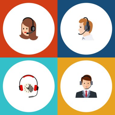 Düz Telefonla satış hizmet, kulaklık, telefonla satış ve diğer vektör nesneleri kümesi. Ayrıca Sekreter, Servisi, telefonla satış elemanları içerir.