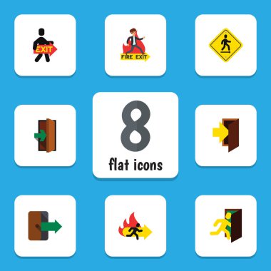 Yönlü acil durum seti, acil durum, yangın çıkışı ve diğer vektör nesnelerini düz. Ayrıca yangın, yönetim kurulu, giriş öğeleri içerir.