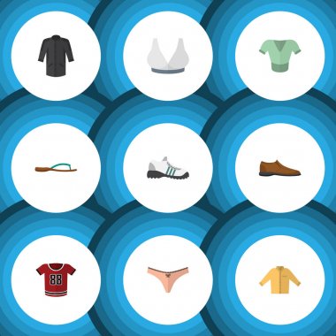 Düz elbise Banyan, plaj sandalet, tek tip vektör nesneleri kümesi. Flip, Ayakkabı, sandalet öğeleri de içerir.